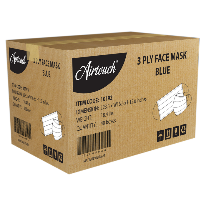 Airtouch Disposable 3 Ply Face Mask, Blue, CASE (PK: 50 pcs/case, 40 boxes/case)