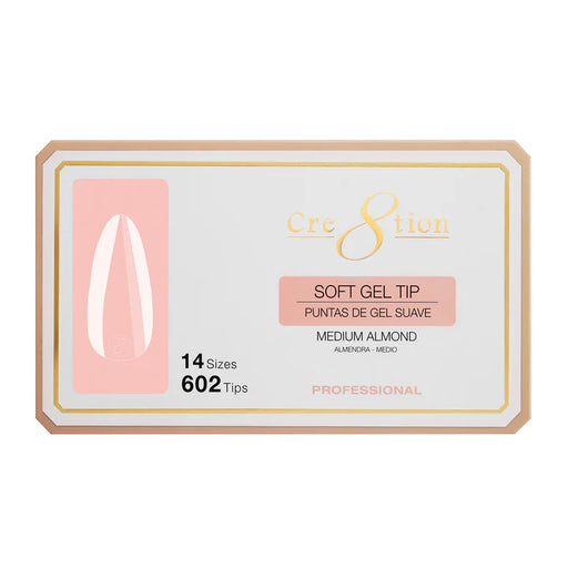 Cre8tion Soft Gel Tips - ALMOND MEDIUM - 14 sizes, BOX (Pk: 602 pcs/box)
