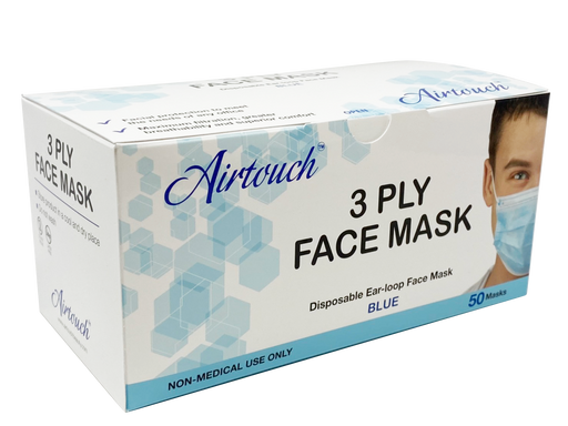 Airtouch Disposable 3 Ply Face Mask, Blue, BOX, 10198 (PK: 50 pcs/case, 40 boxes/case)