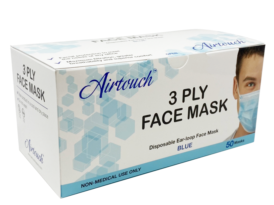 Airtouch Disposable 3 Ply Face Mask, Blue, CASE (Packing. 50 pcs/box, 40 boxes/case)