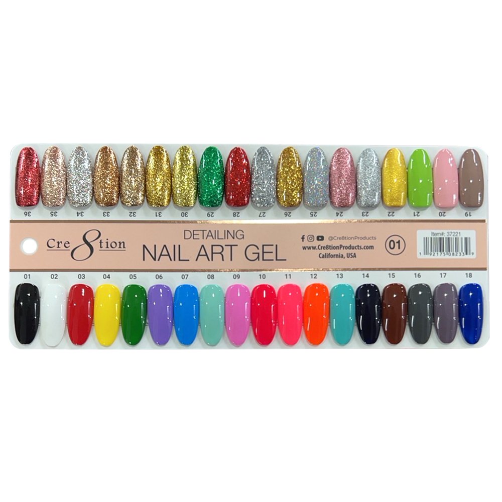 Cre8tion Detailing Nail Art Gel, 36 Colors, 01, Color Chart, 37221