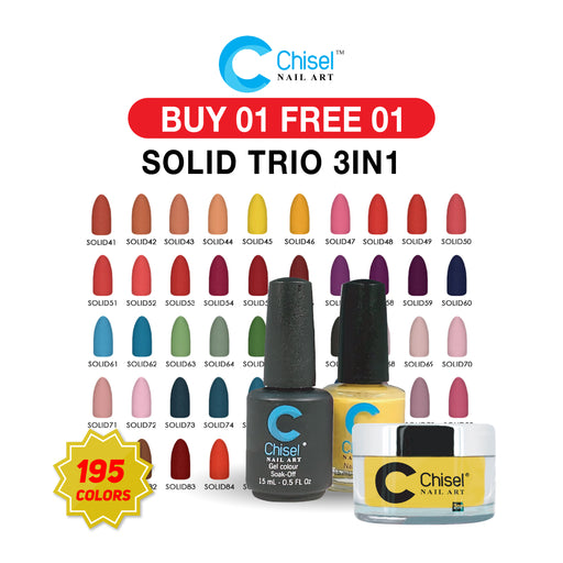Chisel 3in1 Dipping Powder + Gel Polish + Nail Lacquer, Solid Collection, Full line of 195 colors (From SOLID001 to SOLID195) OK0606LK. Buy 01 Get 1 Free