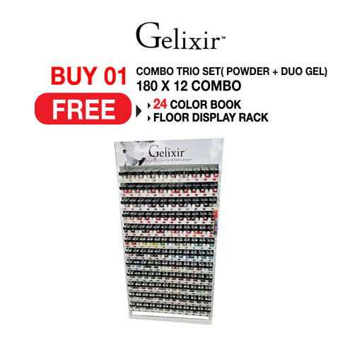 Gelixir Trio Set ( Powder+Duo Gel) 180*12 Combo. Free 24 Color Book & Floor Display Rack