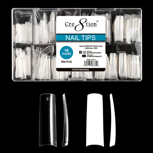 Cre8tion Special Shape - Clear Long Natural Curve 16 (Pk: 550 pcs/box, 100 boxes/case)