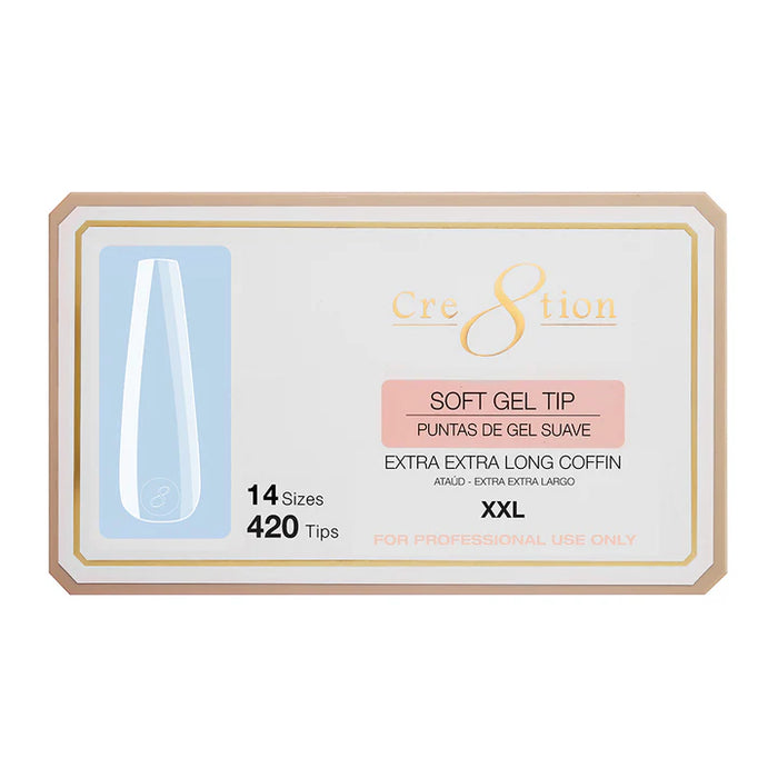 Cre8tion Soft Gel Tips - LONG COFFIN XXL, 14 sizes (Pk: 420 pcs/box)