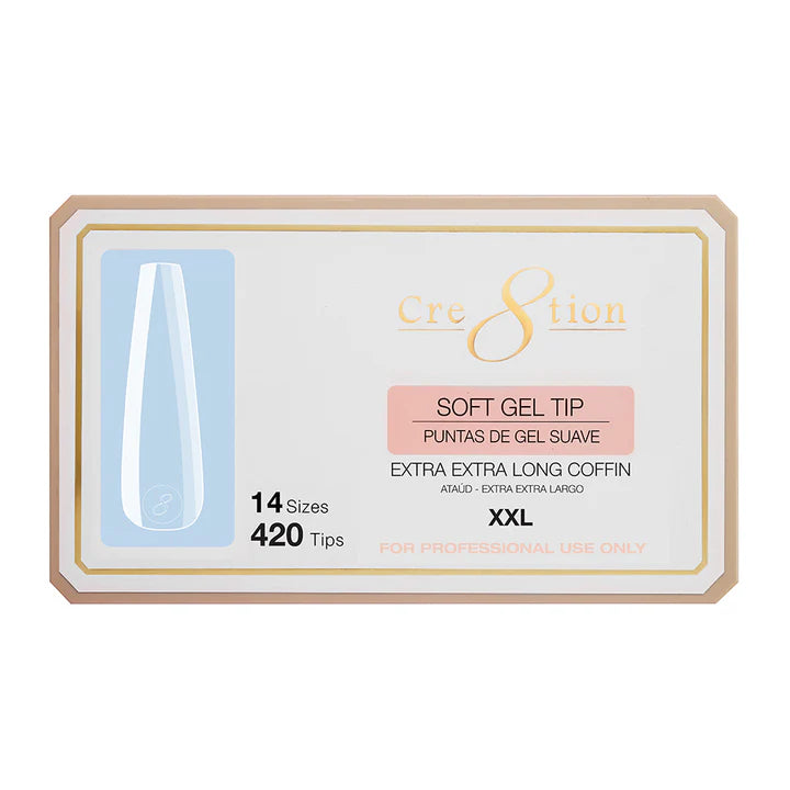 Cre8tion Soft Gel Tips - LONG COFFIN XXL, 14 sizes (Pk: 420 pcs/box)
