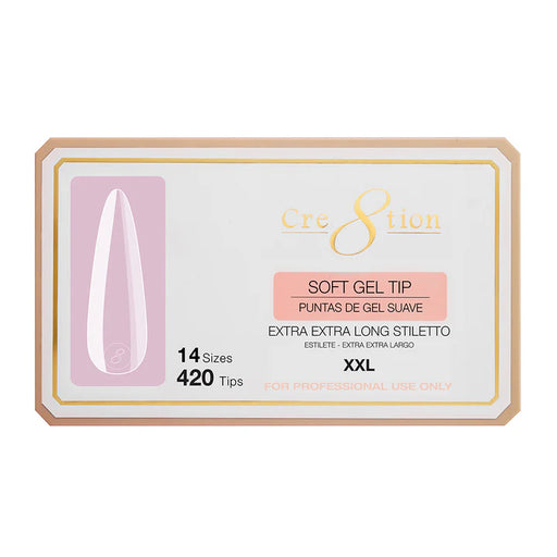 Cre8tion Soft Gel Tips - LONG STILETTO XXL, 14 sizes, BOX (Pk: 420 pcs/box)