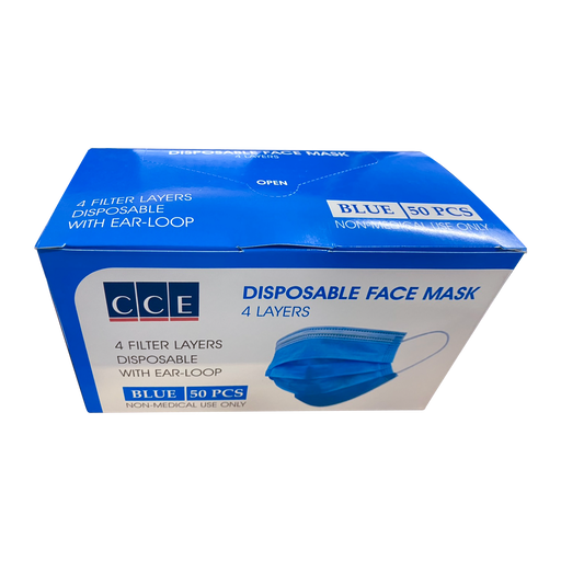 CCE 4 Ply Face Mask, Individual, Blue, 1pc/plastic bag, 50 bag/box (Packing: 50 boxes/case)