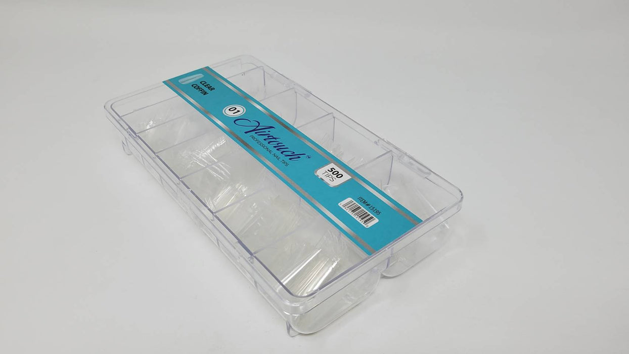 Airtouch Nail Tips Box, 01, CLEAR - COFFIN, 10 sizes (From #00 To #09), 500pcs/box, 15195 (Packing: 100 boxes/case) OK1114VD