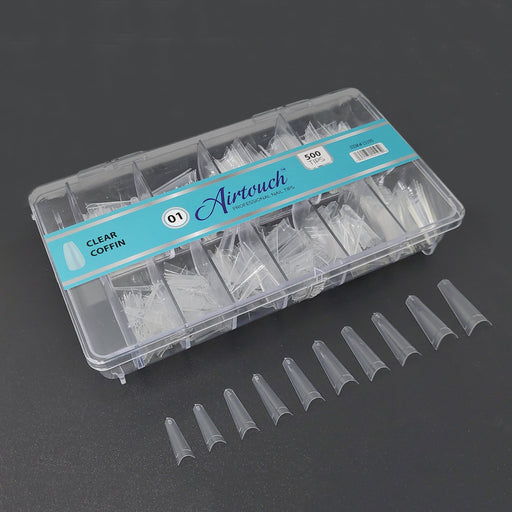 Airtouch Nail Tips Box, 01, CLEAR - COFFIN, 10 sizes (From #00 To #09), 500pcs/box, 15195 (Packing: 100 boxes/case) OK1114VD