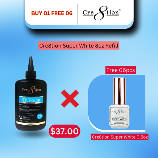 Cre8tion Soak Off Gel Super White 8oz Refill - Buy 1 Get 6 Size 0.5oz Free