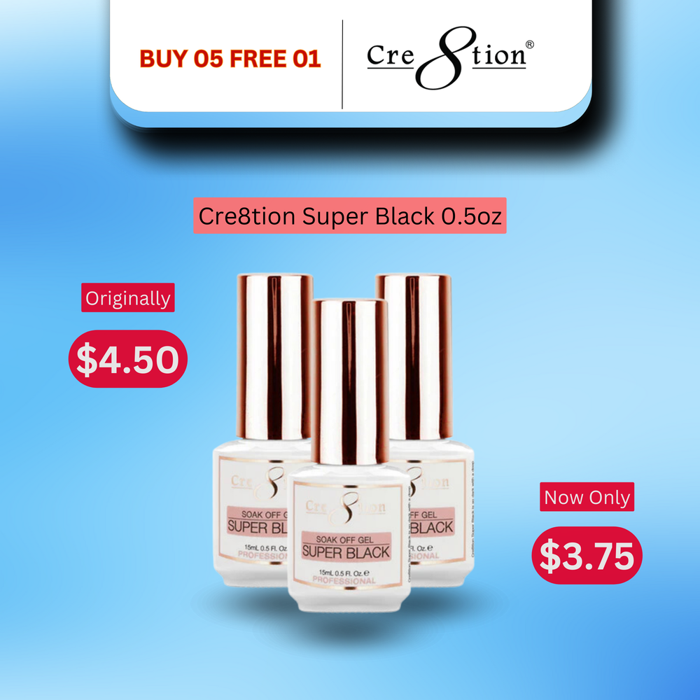 Cre8tion Soak Off Gel Super Black 0.5oz - Buy 5 Get 1 Size 0.5oz Free