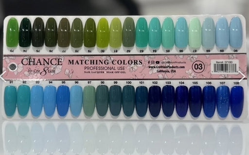 Cre8tion Chance Gel Color Chart Board, Green & Blue Shades, 36 tips #3 (73 to 108), 37180