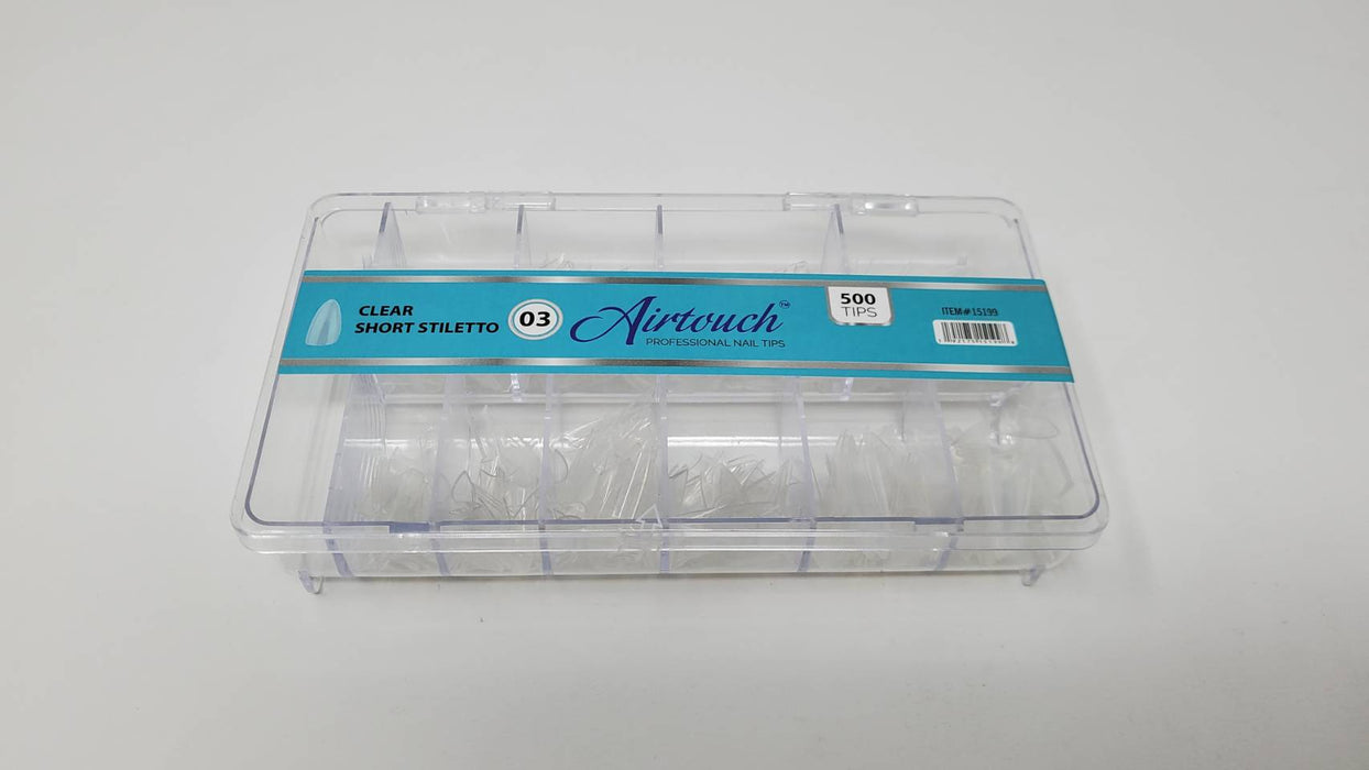 Airtouch Nail Tips Box, 03, CLEAR - SHORT STILETTO, 10 sizes (From #00 To #09), 500pcs/box, 15199 (Packing: 100 boxes/case) OK1114VD