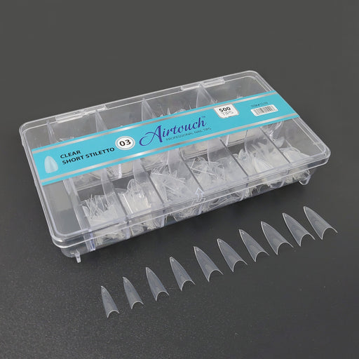 Airtouch Nail Tips Box, 03, CLEAR - SHORT STILETTO, 10 sizes (From #00 To #09), 500pcs/box, 15199 (Packing: 100 boxes/case) OK1114VD