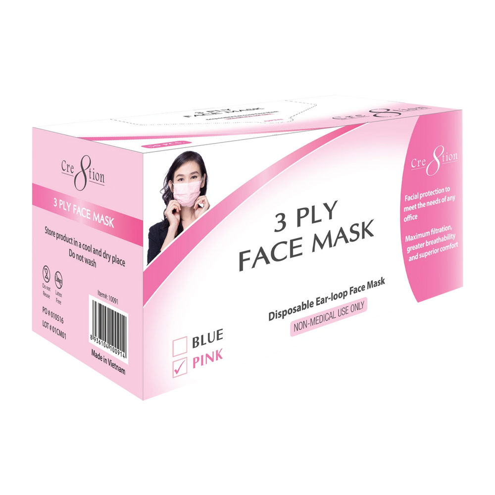 Cre8tion Disposable 3 Ply Face Mask, Pink, BOX, 10091 OK0715VD