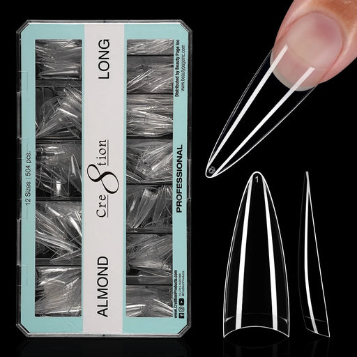 Cre8tion Special Shape Tips Clear (12 Sizes) - ALMOND Long, BOX (Pk: 504 pcs/box, 50 boxes/case)