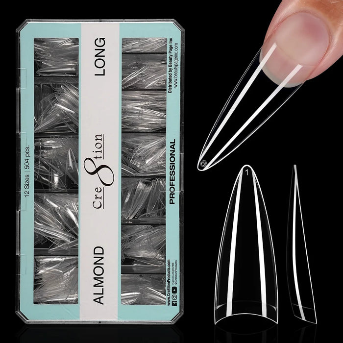 Cre8tion Special Shape Tips Clear (12 Sizes) - ALMOND Long, BOX (Pk: 504 pcs/box, 50 boxes/case)