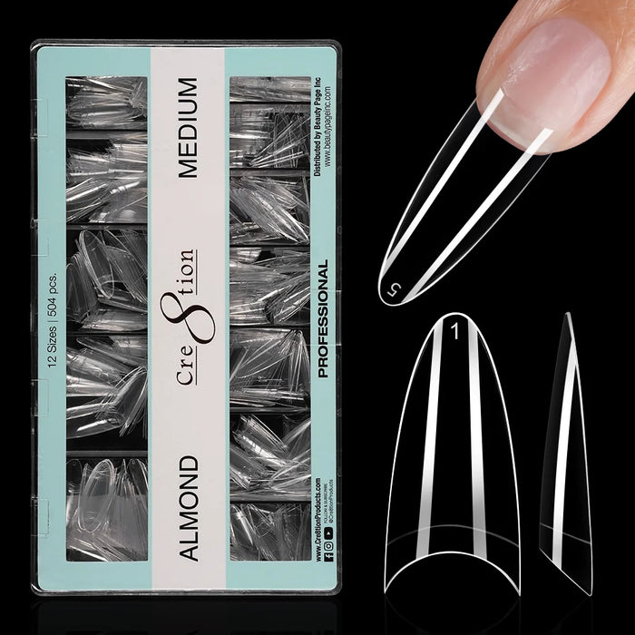 Cre8tion Special Shape Tips Clear (12 Sizes) - ALMOND Medium, BOX (Pk: 504 pcs/box, 100 boxes/case)
