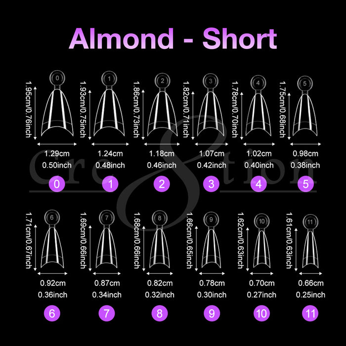 Cre8tion Special Shape Tips Clear (12 Sizes) - ALMOND Short, BOX (Pk: 504 pcs/box, 100 boxes/case)