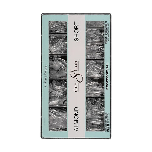Cre8tion Special Shape Tips Clear (12 Sizes) - ALMOND Short, BOX (Pk: 504 pcs/box, 100 boxes/case)