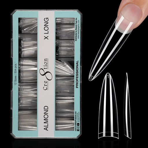 Cre8tion Special Shape Tips Clear (12 Sizes) - ALMOND X Long, BOX (Pk: 504 pcs/box, 50 boxes/case)