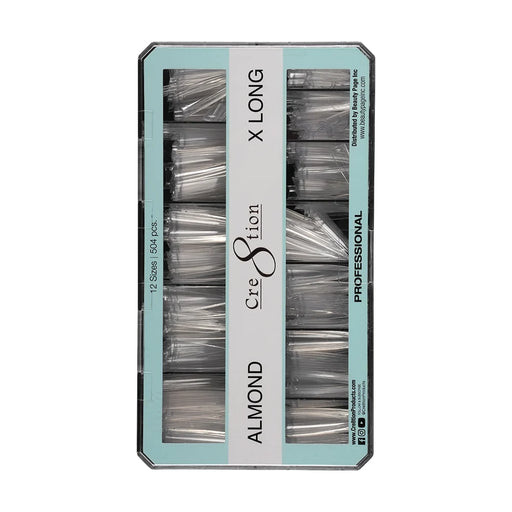 Cre8tion Special Shape Tips Clear (12 Sizes) - ALMOND X Long, BOX (Pk: 504 pcs/box, 50 boxes/case)