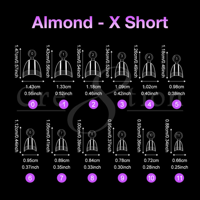 Cre8tion Special Shape Tips Clear (12 Sizes) - ALMOND X Short, BOX (Pk: 504 pcs/box, 100 boxes/case)