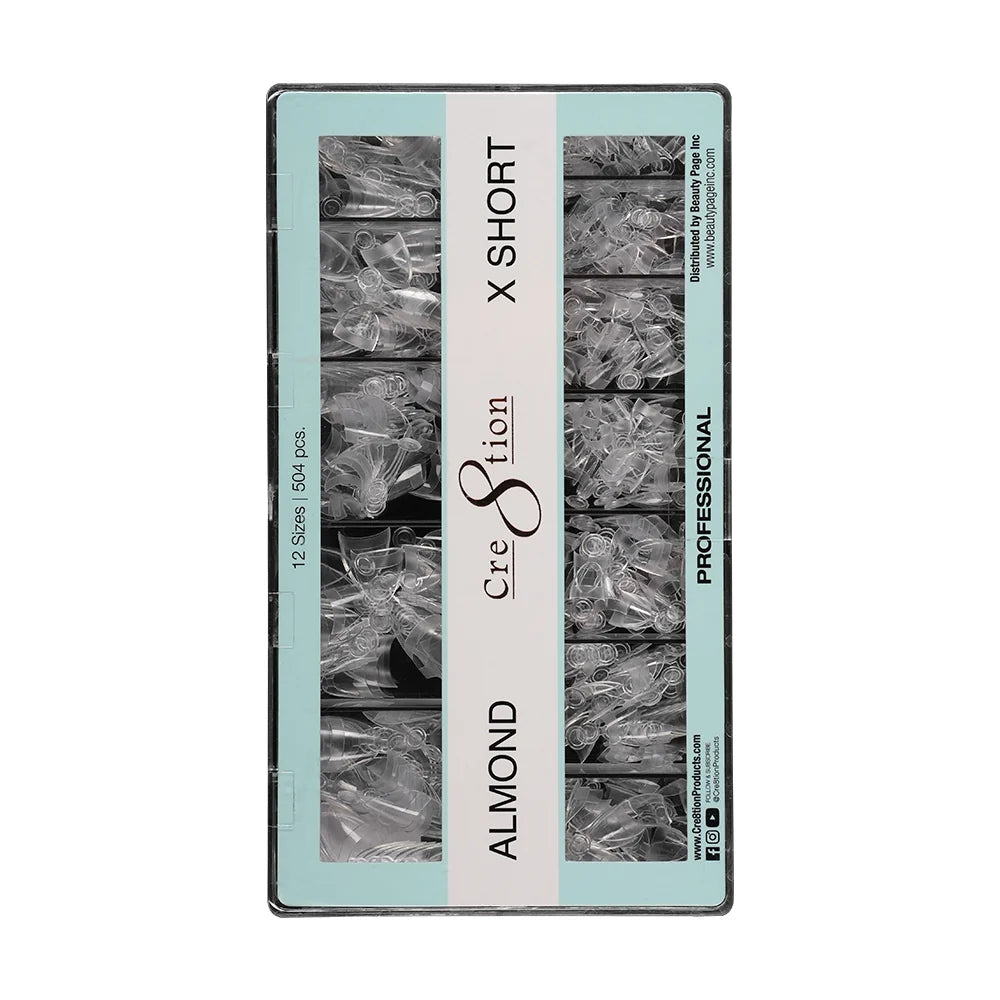 Cre8tion Special Shape Tips Clear (12 Sizes) - ALMOND X Short, BOX (Pk: 504 pcs/box, 100 boxes/case)