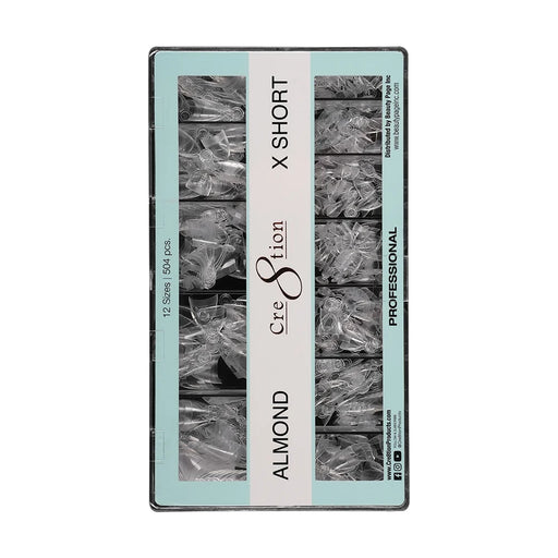 Cre8tion Special Shape Tips Clear (12 Sizes) - ALMOND X Short, BOX (Pk: 504 pcs/box, 100 boxes/case)
