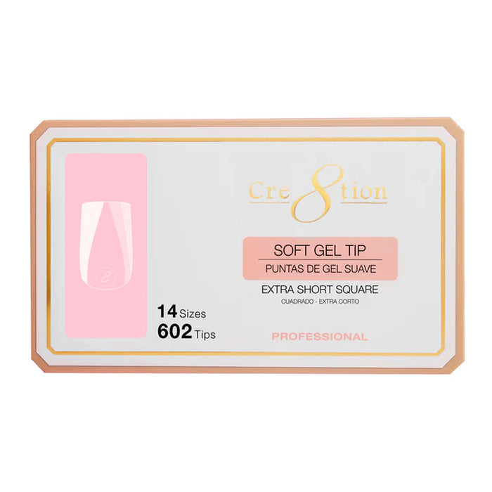 Cre8tion Soft Gel Tips - SQUARE EXTRA SHORT - 14 sizes, (Pk: 602 pcs/box)