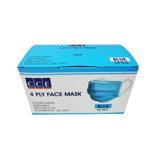 CCE Disposable 4 Ply Face Mask, Blue, BOX, 50pcs/box (Packing: 50 boxes/case)