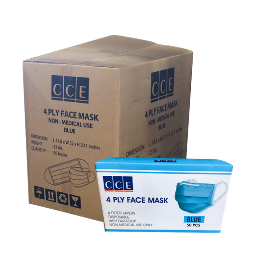 CCE Disposable 4 Ply Face Mask, Blue, CASE, 50 boxes/case OK0715VD