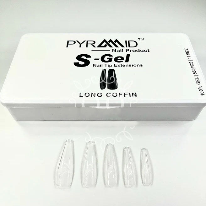 Pyramid S-Gel Extension Nail Tips Box, 12 Sizes, LONG COFFIN