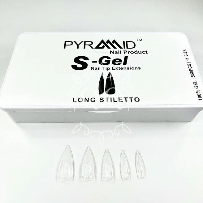 Pyramid S-Gel Extension Nail Tips Box, 11 Sizes. LONG STILETTO