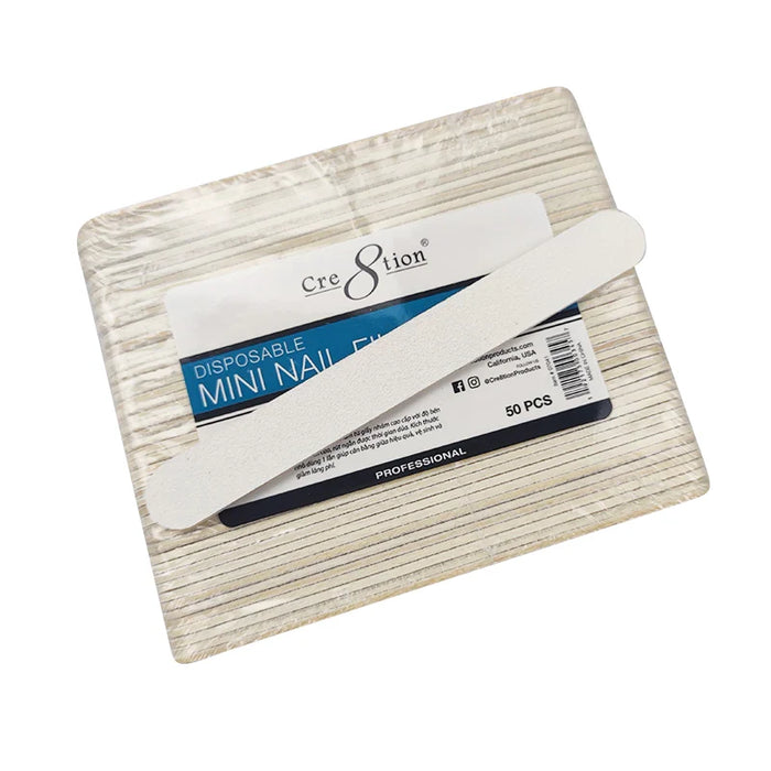 Cre8tion Disposable Mini Nail File Wood Center White, Grit 80/100, CASE (Pk: 100 packs/case)