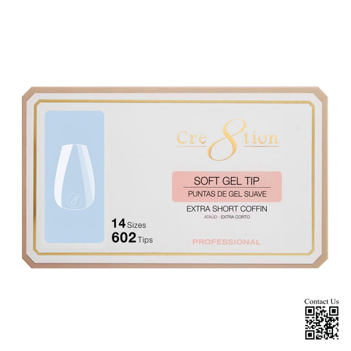 Cre8tion Soft Gel Tips - COFFIN EXTRA SHORT, 14 sizes, (Pk: 602 pcs/box)