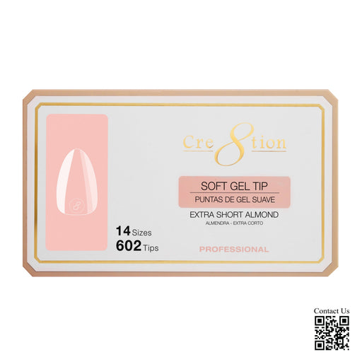 Cre8tion Soft Gel Tips - ALMOND EXTRA SHORT , 14 sizes, (PK: 602 pcs/box)