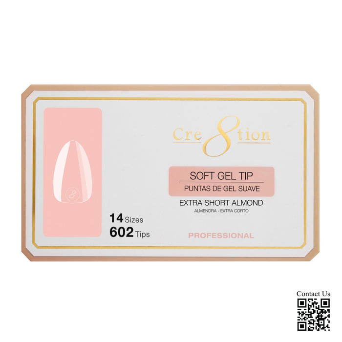 Cre8tion Soft Gel Tips - ALMOND EXTRA SHORT , 14 sizes, (PK: 602 pcs/box)