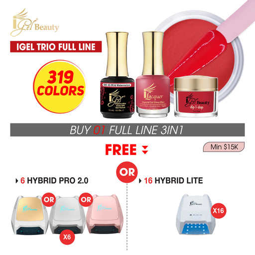 iGel 3in1 Dipping Powder + Gel Polish + Nail Lacquer, Full line of 319 Colors (From DD001 To DD319) (Min $15K) . Buy 01 Full Line FREE 6 Hybrid PRO 2.0 OR FREE 16 Hybrid LITE