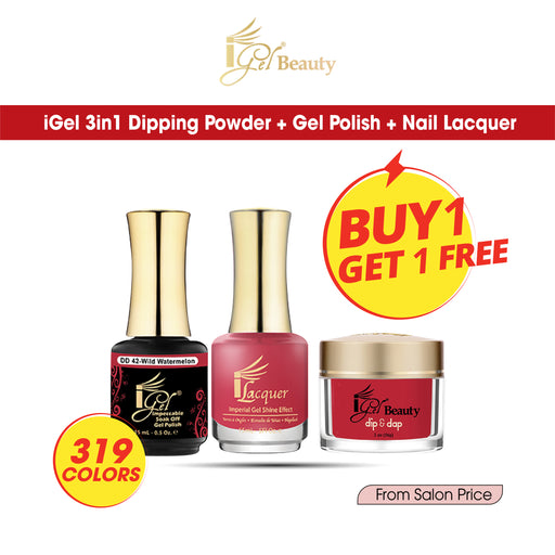 iGel 3in1 Dipping Powder + Gel Polish + Nail Lacquer, Full line of 319 Colors (From DD001 To DD319). Buy 01 full Line Get 01 FREE (From Salon Price )
