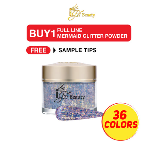 iGel Acrylic/Dipping Powder, Mermaid Glitter Collection, 2oz, Buy 01 Full Line Of 36 Colors (From MG01 To MG36) Free Sample Tips