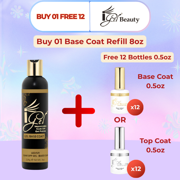 iGel Top Coat No Cleanse/Base Coat/Jet Black/Pure white Refill 8oz (Packing: 24 pcs/case). Buy 01 Free 12 Bottles 0.5oz (Top Coat No Cleanse 0.5oz/Base Coat 0.5 oz)