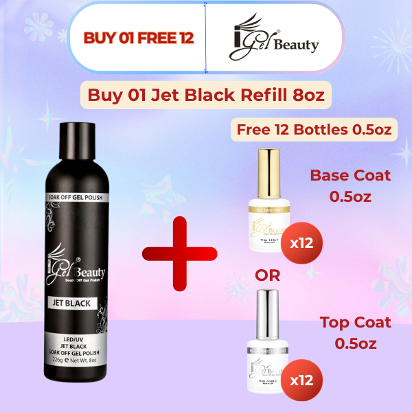 iGel Top Coat No Cleanse/Base Coat/Jet Black/Pure white Refill 8oz (Packing: 24 pcs/case). Buy 01 Free 12 Bottles 0.5oz (Top Coat No Cleanse 0.5oz/Base Coat 0.5 oz)