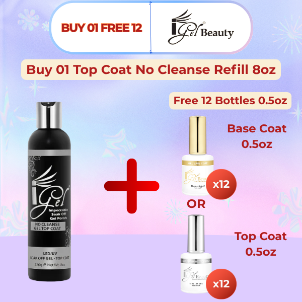 iGel Top Coat No Cleanse/Base Coat/Jet Black/Pure white Refill 8oz (Packing: 24 pcs/case). Buy 01 Free 12 Bottles 0.5oz (Top Coat No Cleanse 0.5oz/Base Coat 0.5 oz)